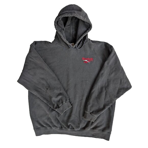 Vintage Reebok Hoodie Mens XL Black 90s Faded Drawstring Logo Pullover - Picture 1 of 8